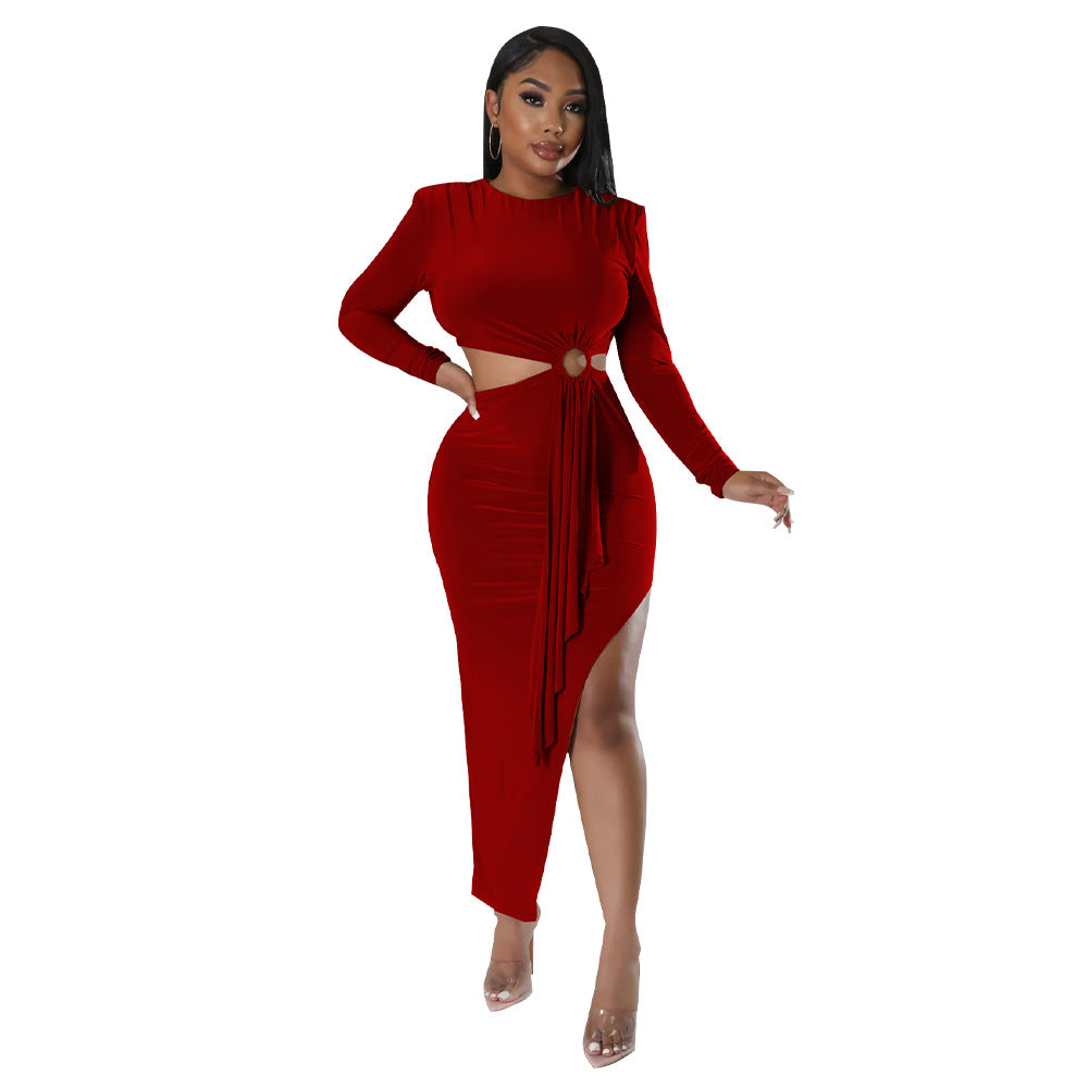 Women'S Fall Round Neck Sexy Open Waist Slit Irregular Dress 4