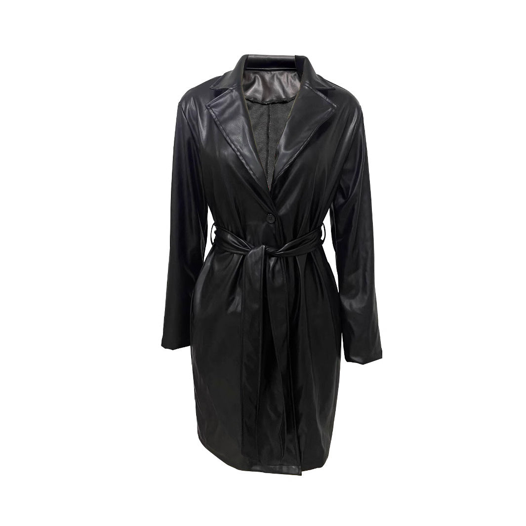 Women Turndown Collar button Pu-Leather jacket 6