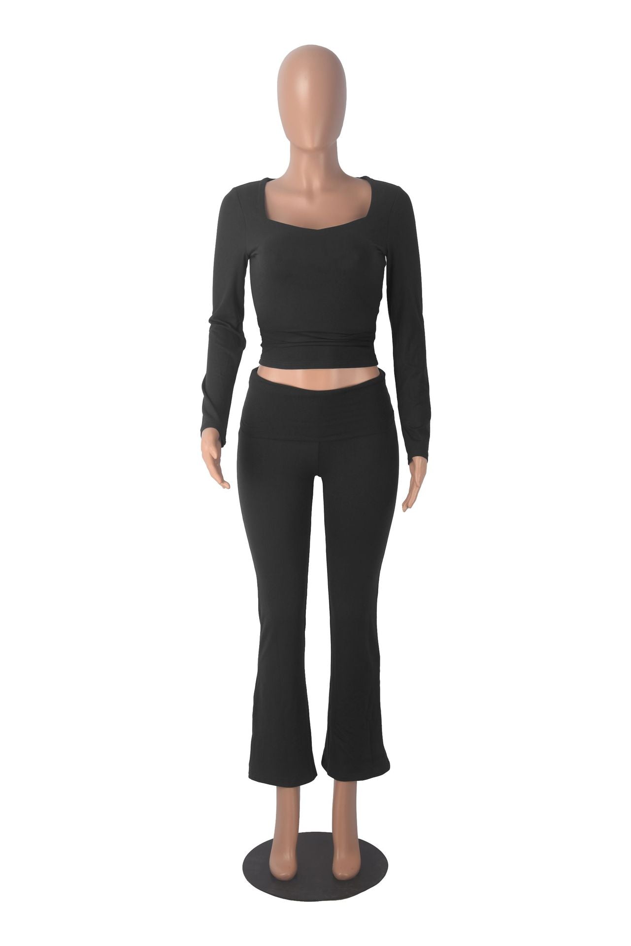 Women solid long sleeve top and bell bottom Pants two-piece suit 5