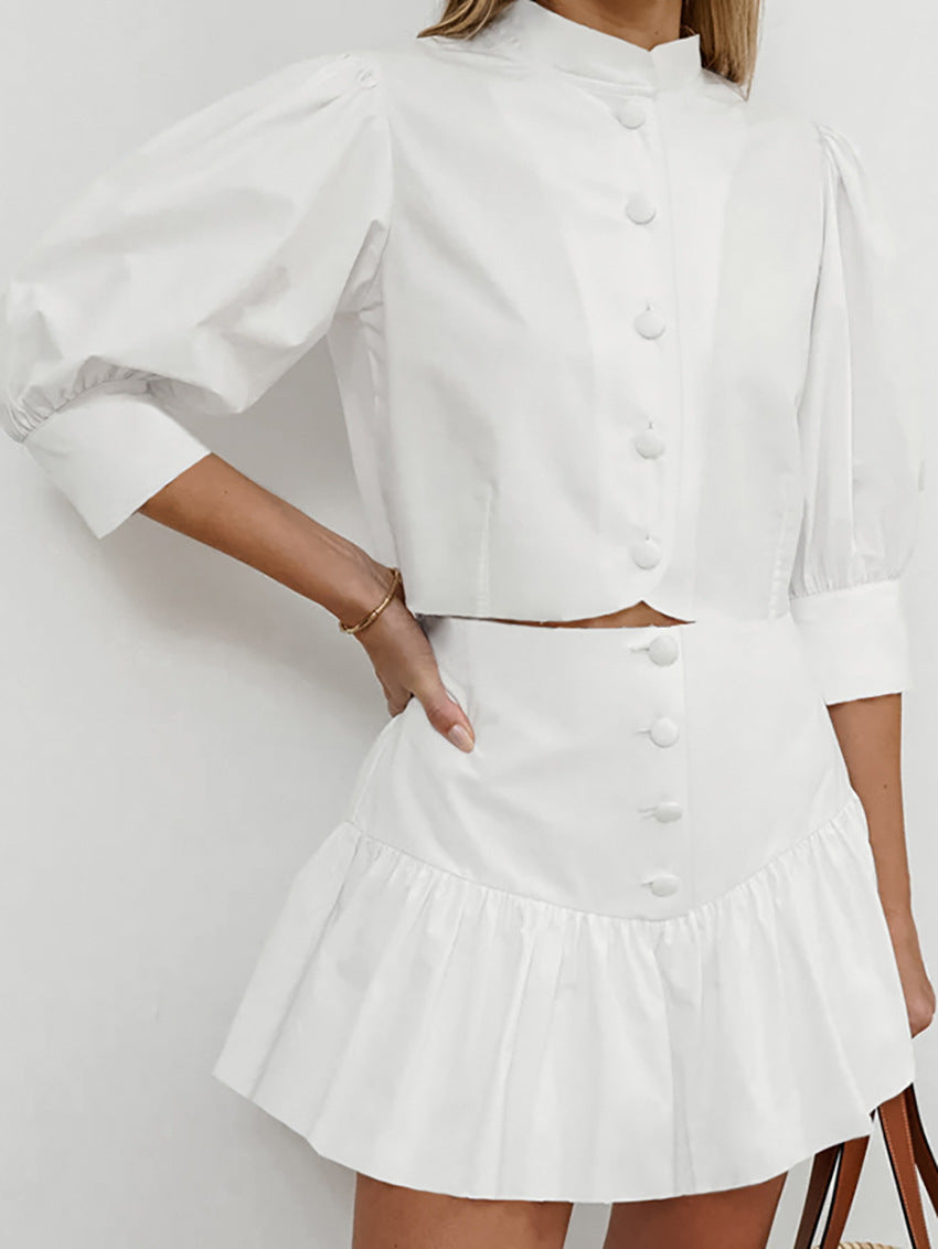 Summer White Lantern Sleeve Shirt & Skirt Two-Piece Casual Office Set 6