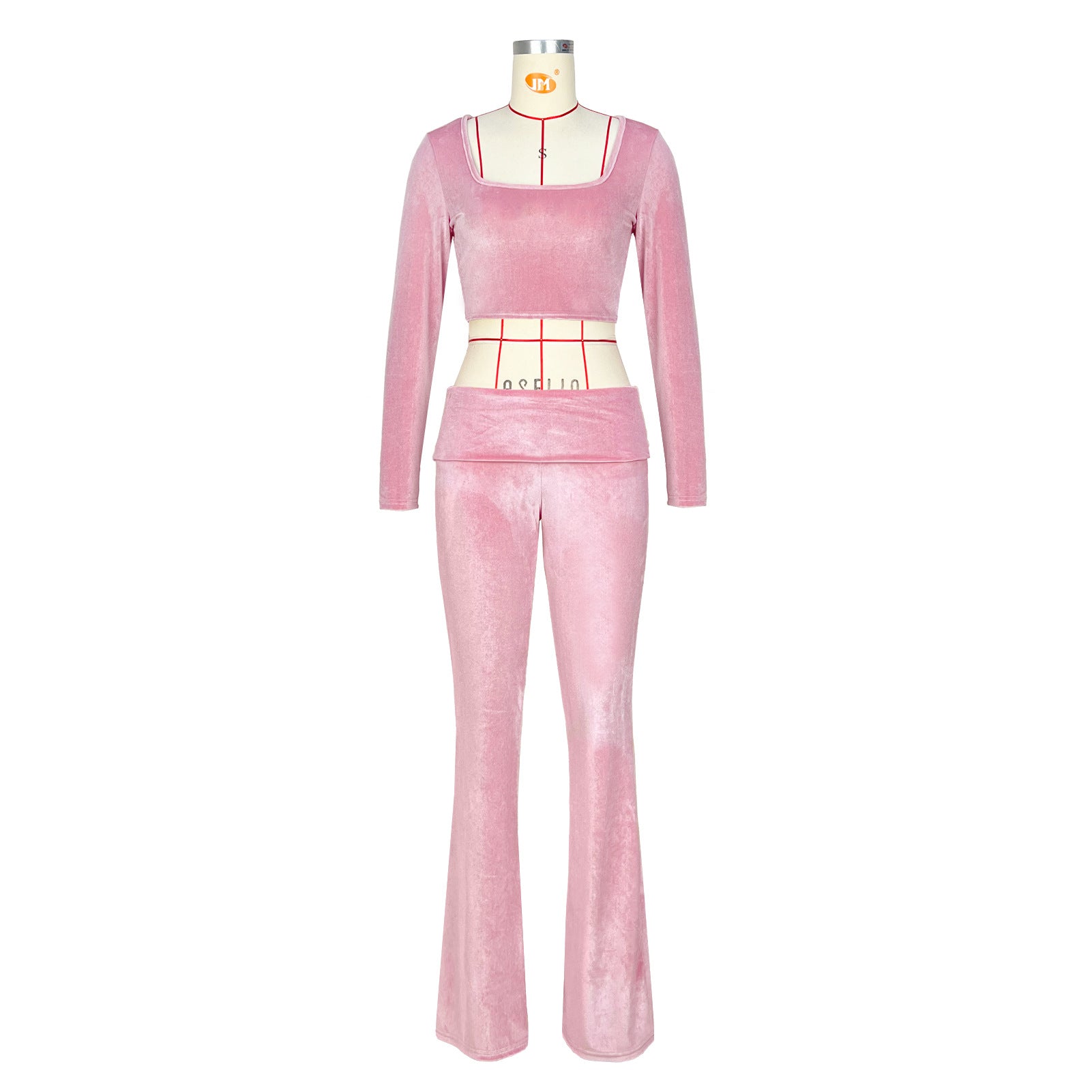 Women's Fashion Solid Color Square Neck Top Low-Waist Bell Bottom Pants Set 17