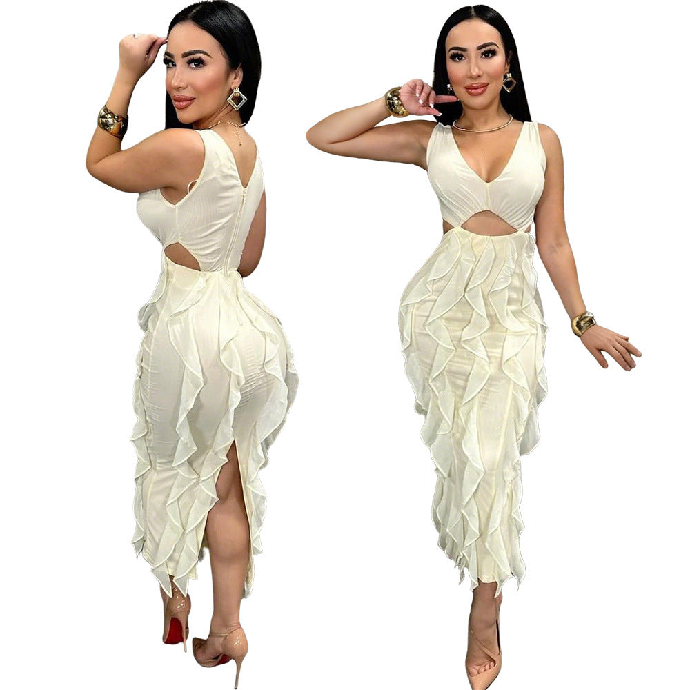 Women Sexy V-Neck Sleeveless Solid Ruffle Slit Dress 4