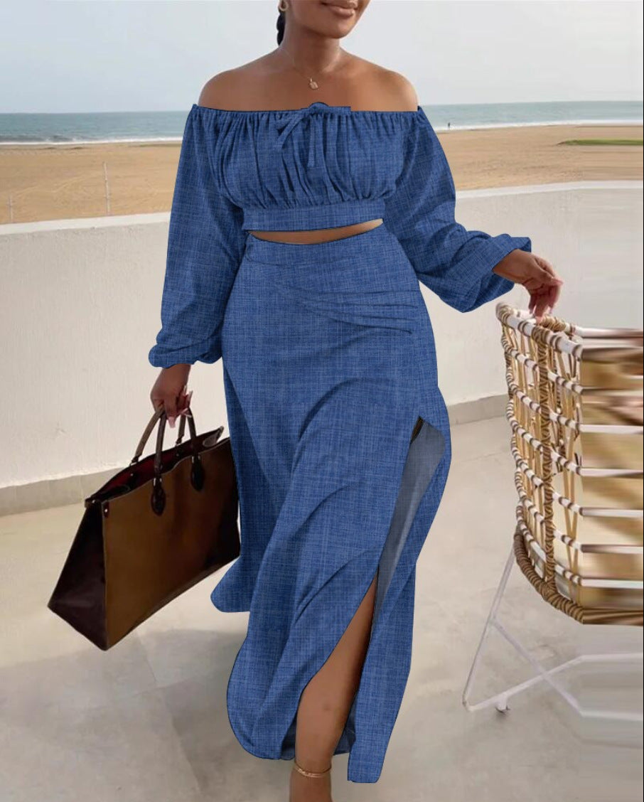 Fall Casual Print Off Shoulder Long Sleeve Slit Holidays Maxi Skirt Two-Piece Set 3