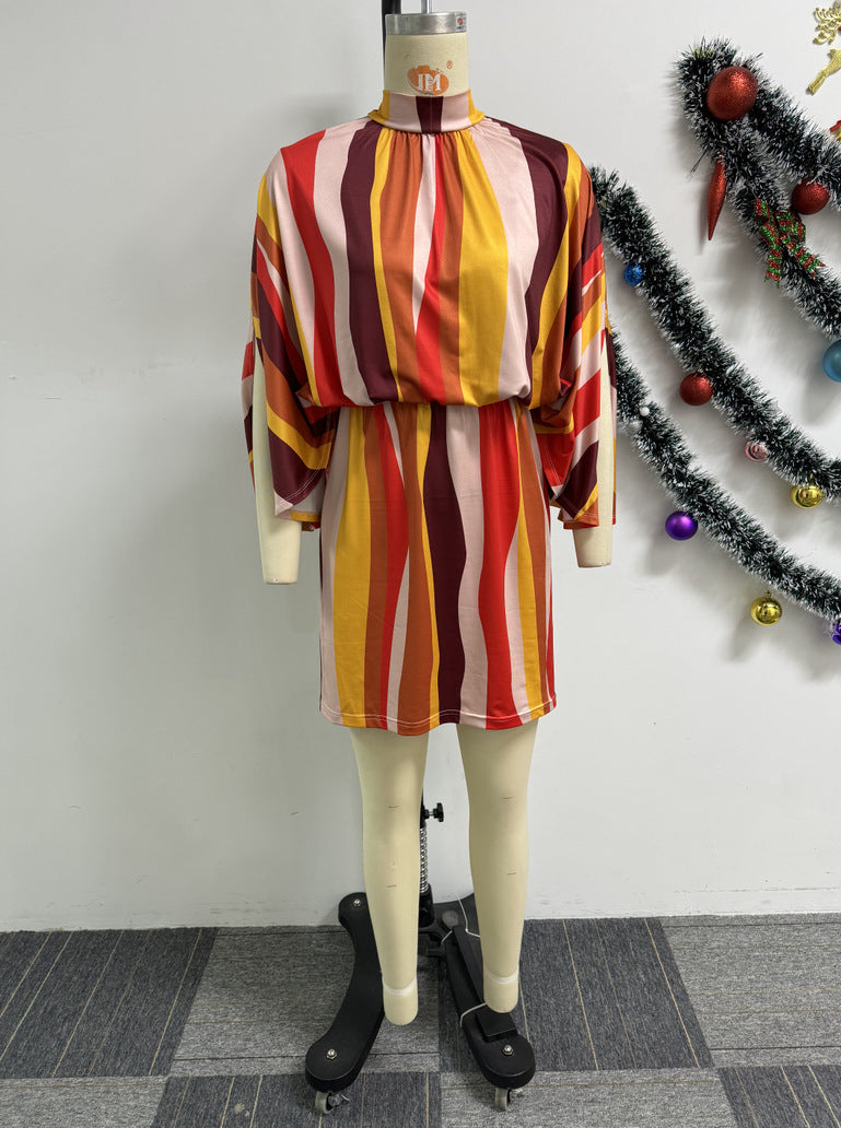 Women Sexy Color Stripe Print Lace-Up Bat Sleeves Bodycon Dress 4