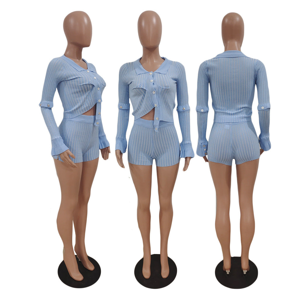 Women Striped Knitting Top and Shorts Two Piece Set 13