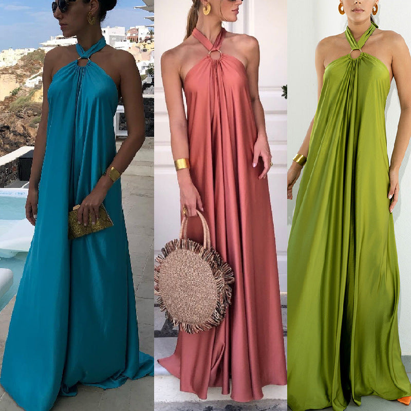 Women Summer Sexy Satin Halter Neck Slip Gown Party Maxi Dress