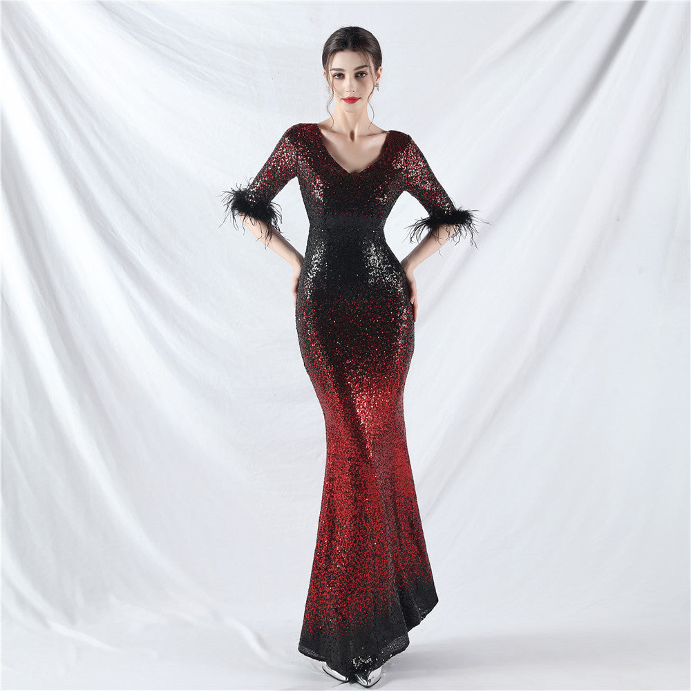 Elegant V-Neck Short sleeve Gradient Sequins Long Sleeve Evening Dress 5