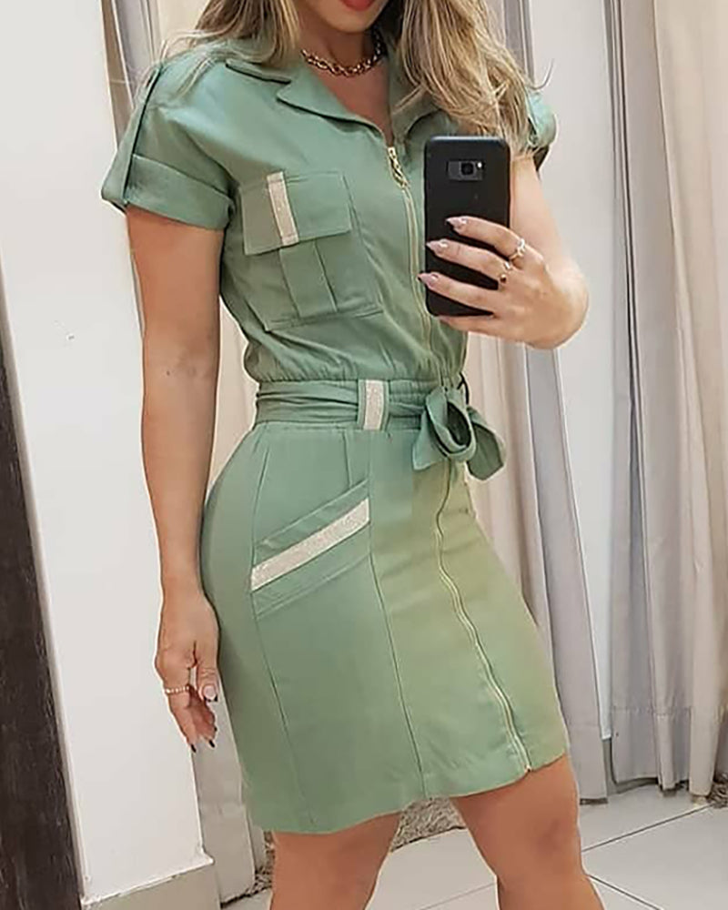 Women Green Lace-up Zipper Shirt Dress