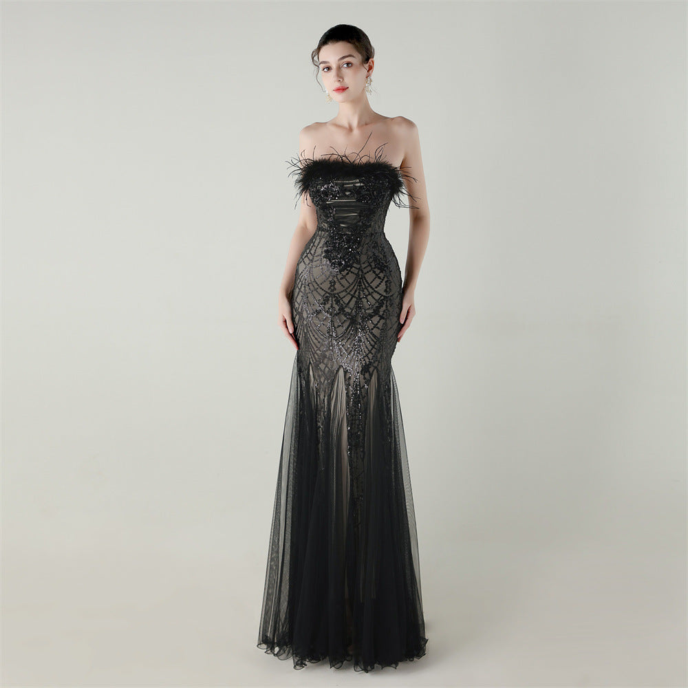 Women sequined tube flower ostrich feather Strapless cross Lace-Up Mesh Formal Party fishtail evening dress 25