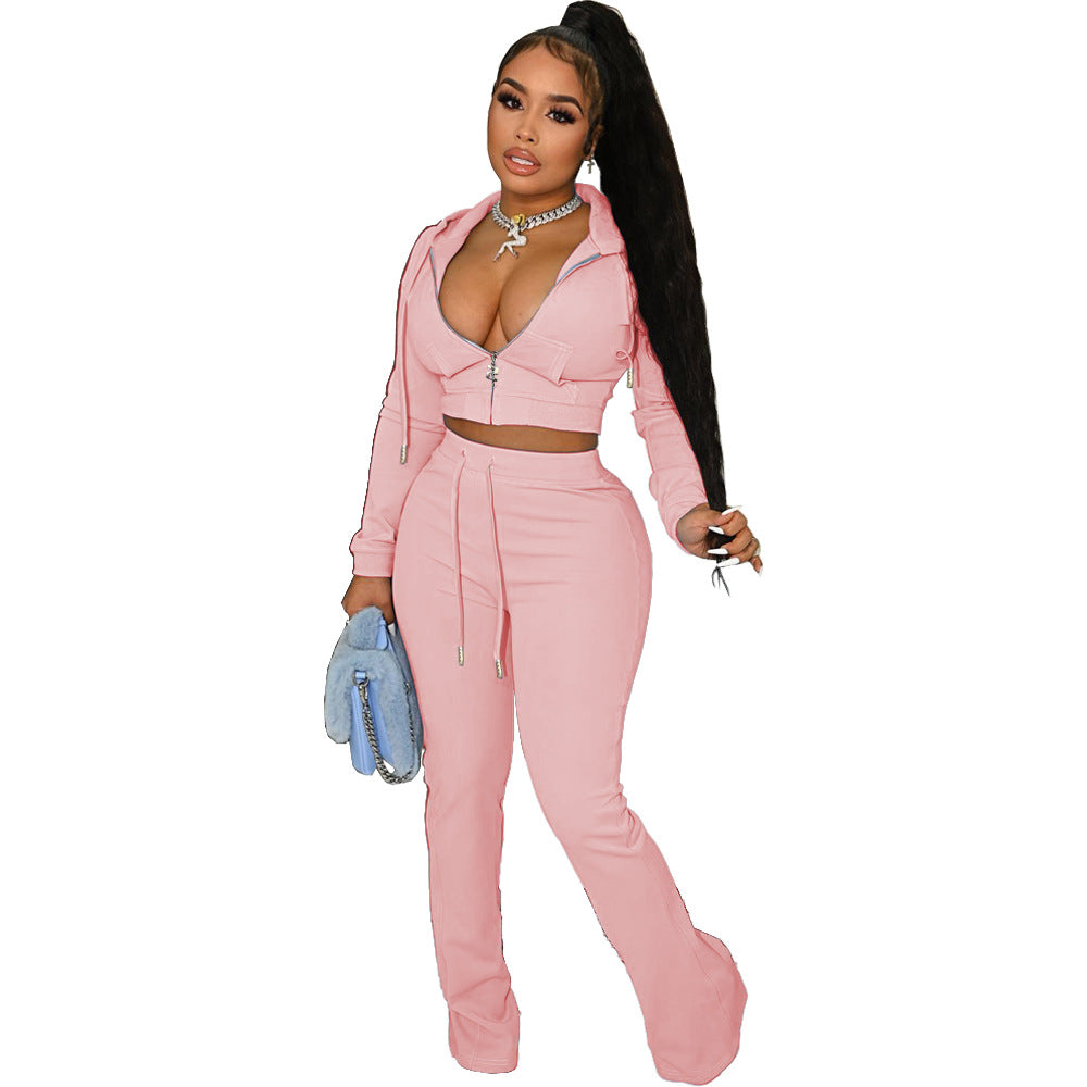 Women's Fashion Solid Color Pocket Zipper Hooded Casual Jacket Bell Bottom Pants Two Piece Set 11