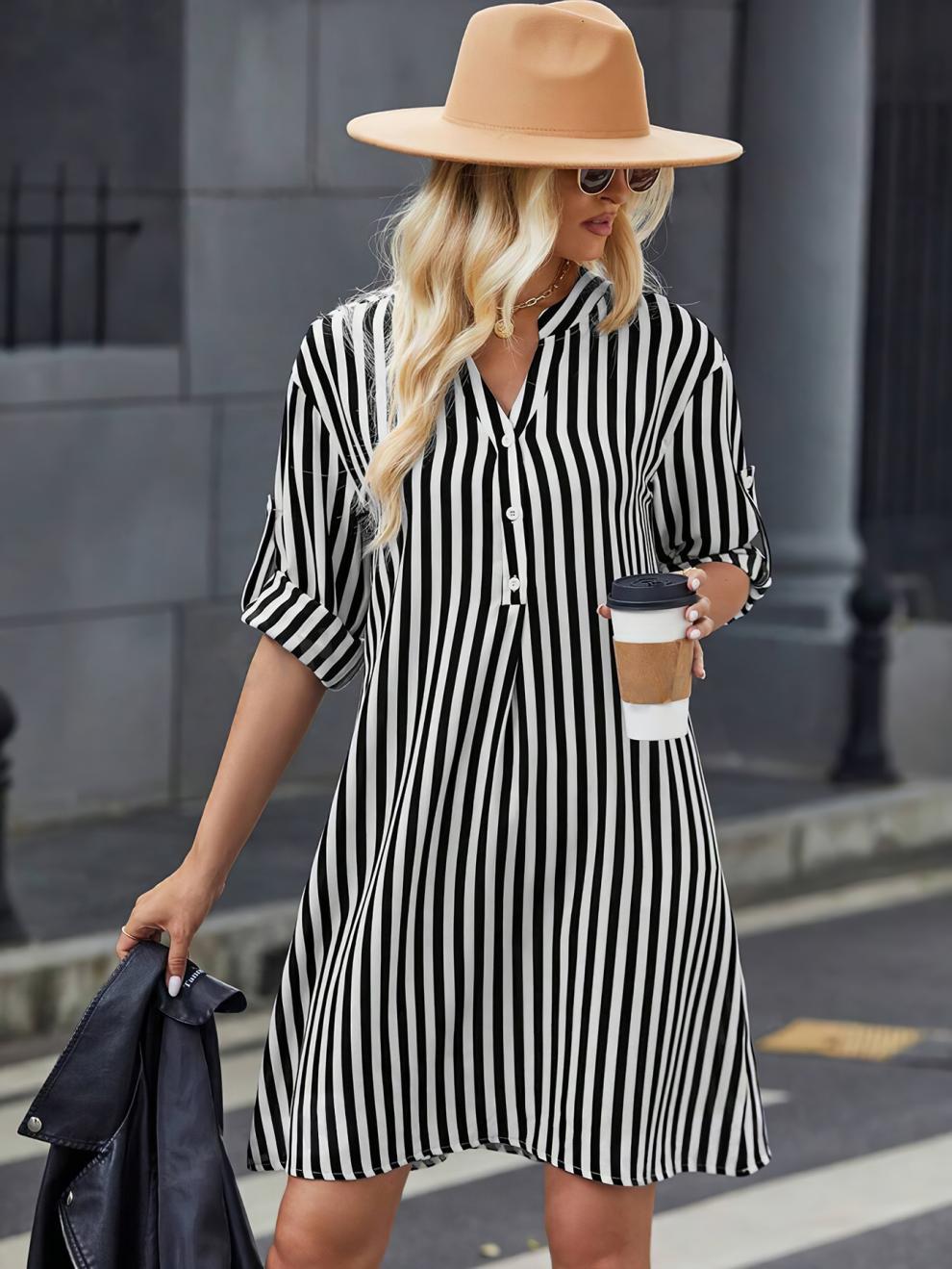 Women striped long-sleeved V-neck shirt dress