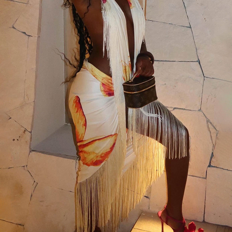 Women fall/winter Halter Neck lace-up V-neck backless printed top and tassel sexy skirt two-piece set 9