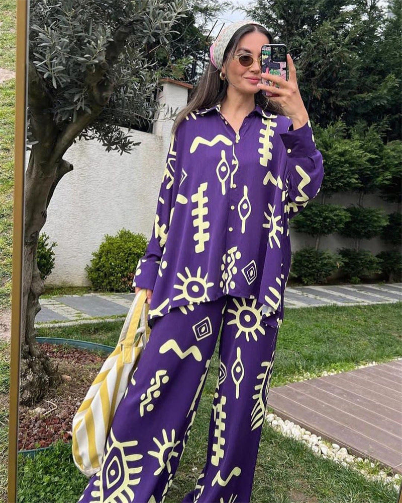 Women's Fashionable Printed Loose Top High Waist Wide Leg Pants Two-Piece Set 7