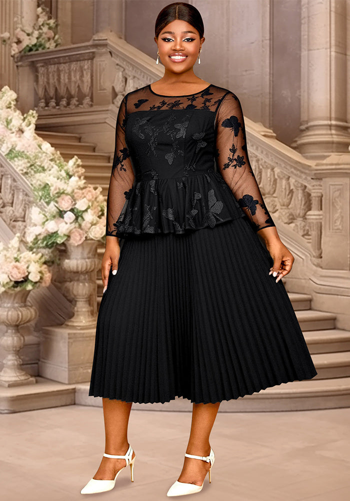 Plus-Size Women Elegant Black Patchwork Embroidered Mesh Ruffle Long-Sleeved Pleated Dress