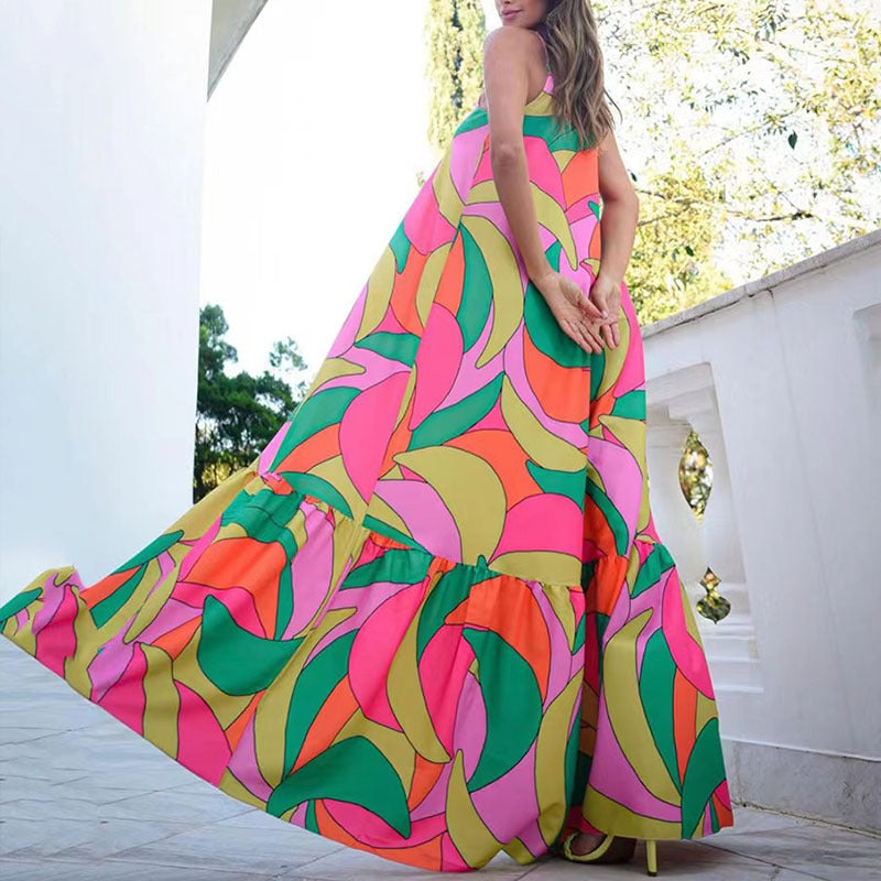 Women French V-neck Backless Printed Dress 4