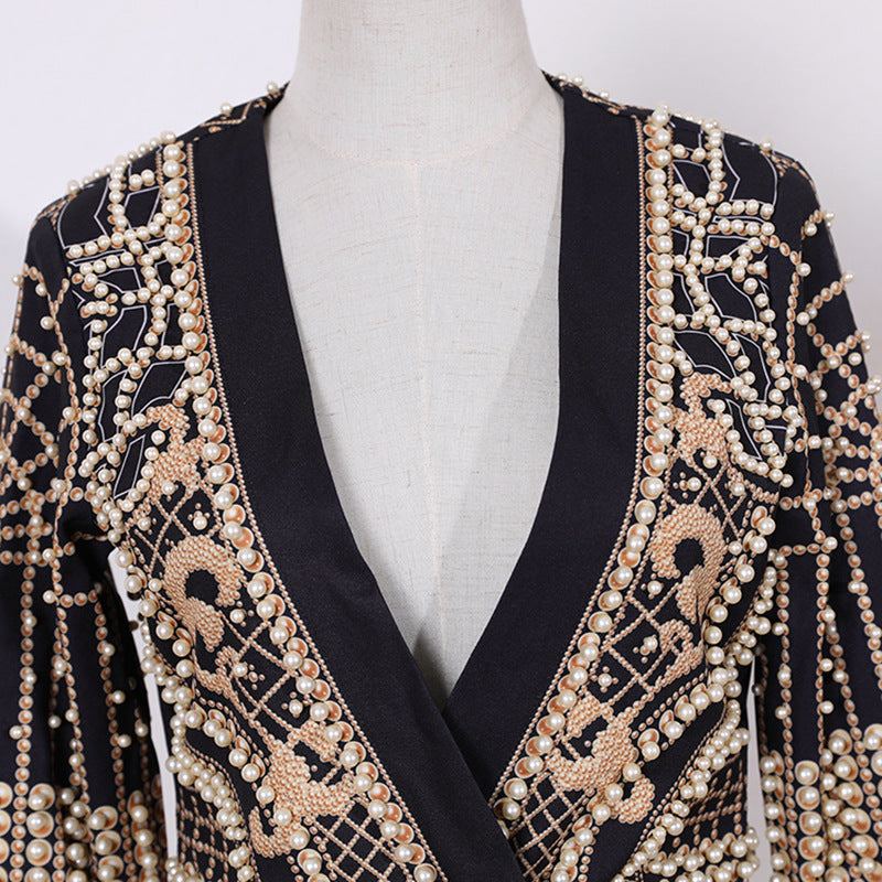 Women French Vintage Beaded Print V-Neck Casual Jacket 14