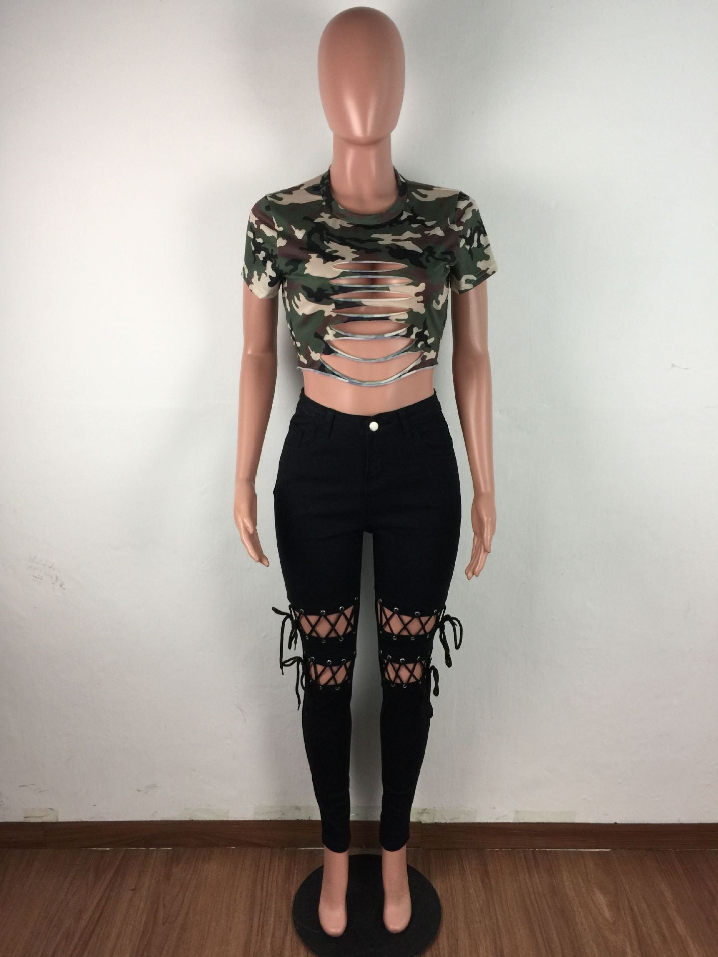 Fashion Women's Ripped Lace-Up Slim Fit Sexy Denim Pants 7