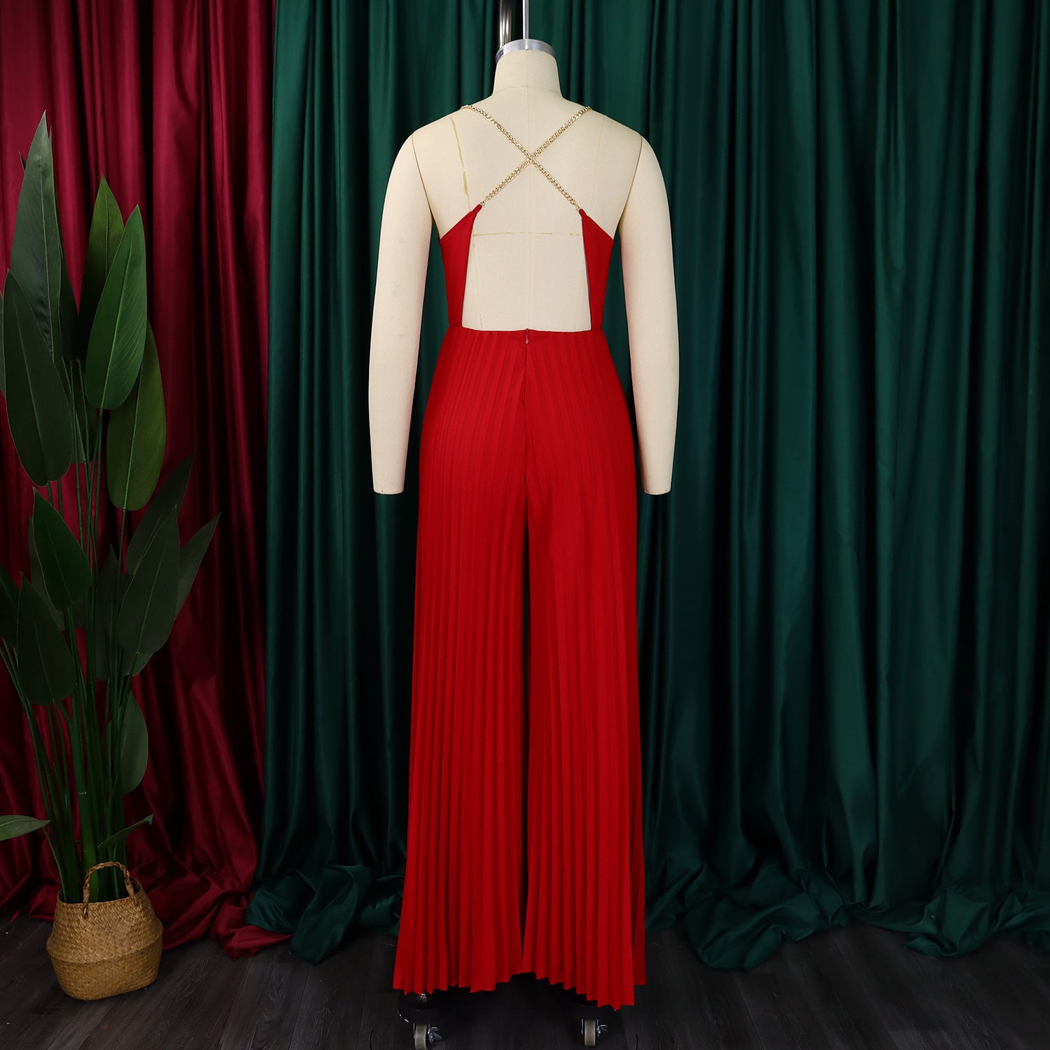 Summer Fashion Sexy Chain Halter Neck Sexy Low Back High Waist Wide Leg Pleated Jumpsuit 24