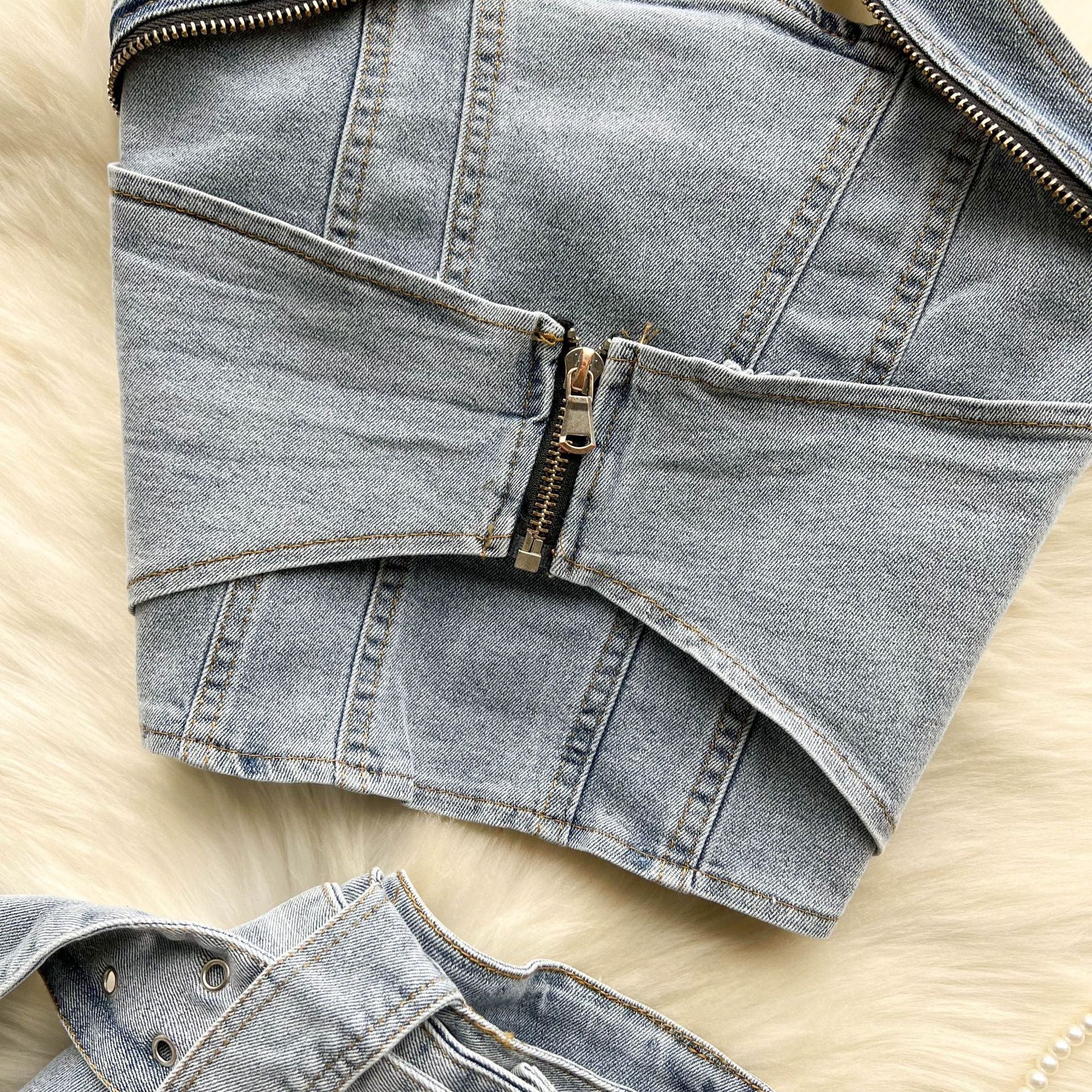 Women's Summer Halter Neck Crop Top Mini Skirt Two-Piece Denim Set 8