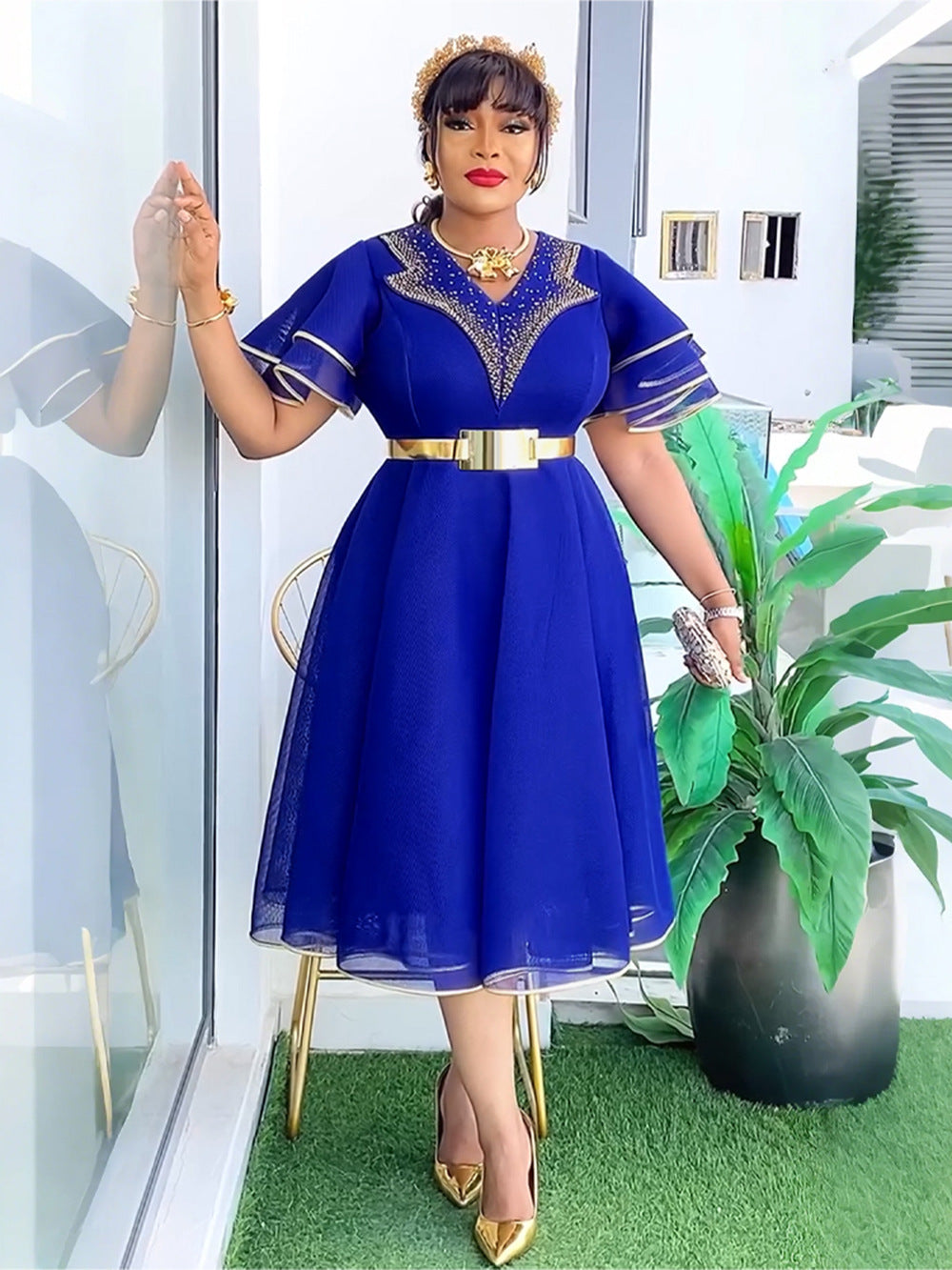 Plus Size African Women V-neck Bodycon Beaded Dress With Belt 7