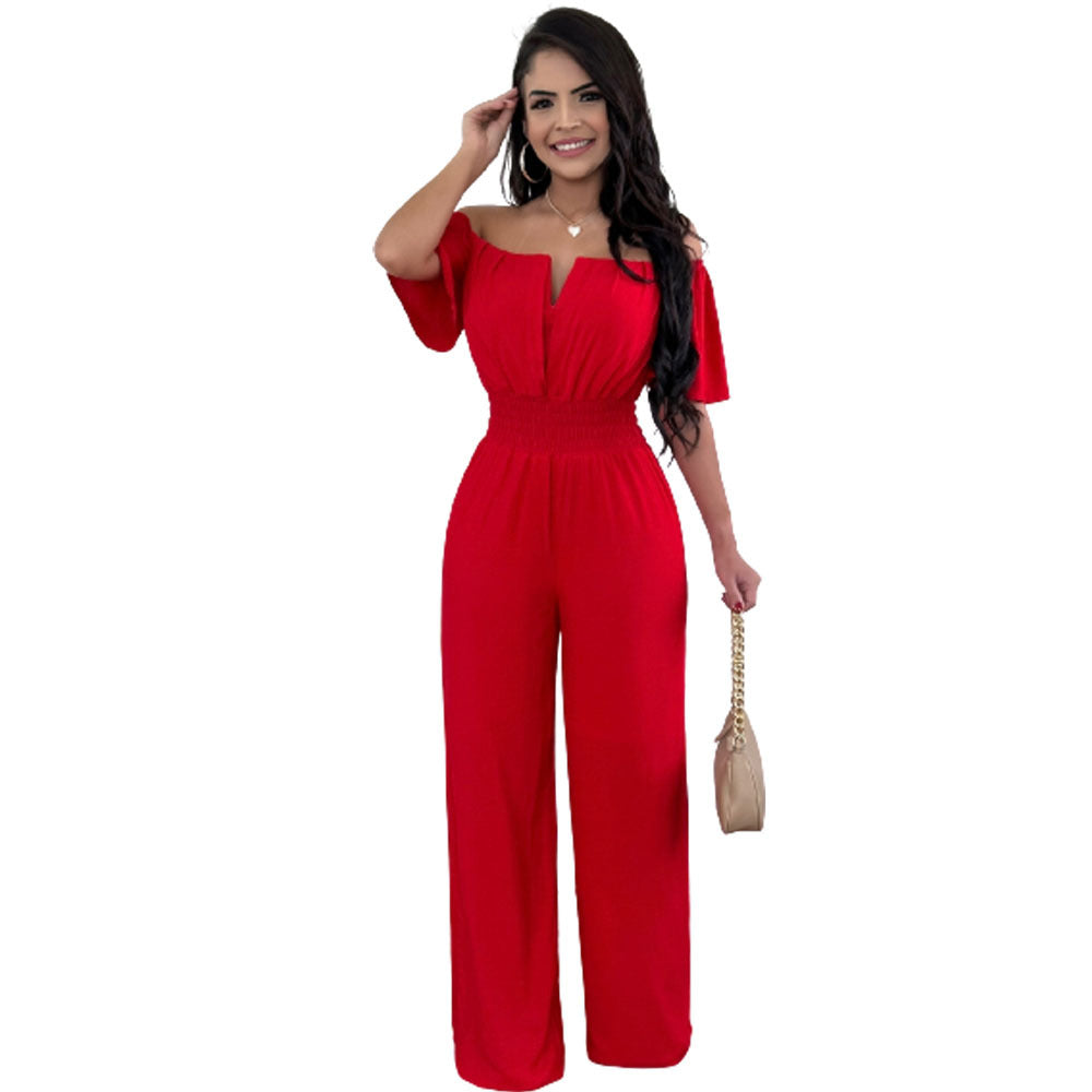 Women Off Shoulder V Neck Loose Straight Jumpsuit 15