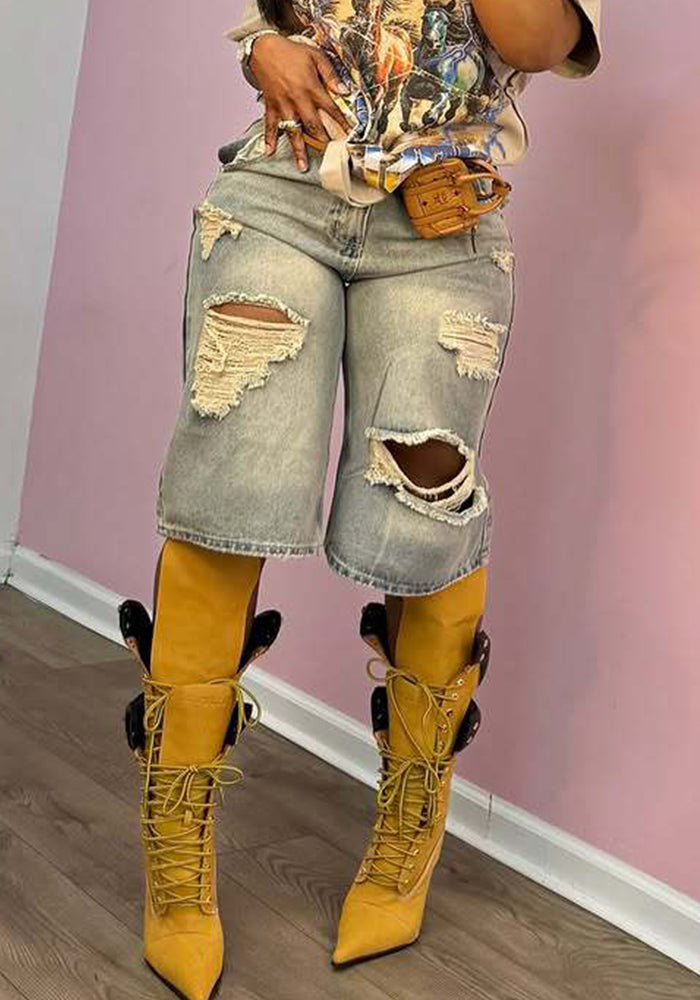 Summer High-Waist Loose Distressed Ripped Denim Straight/Wide-Leg Pants