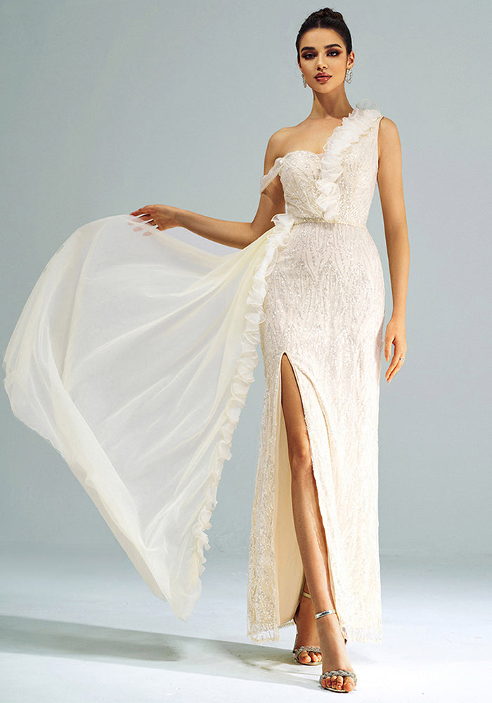 Slash Shoulder Formal Party Sequin Slit Evening Dress