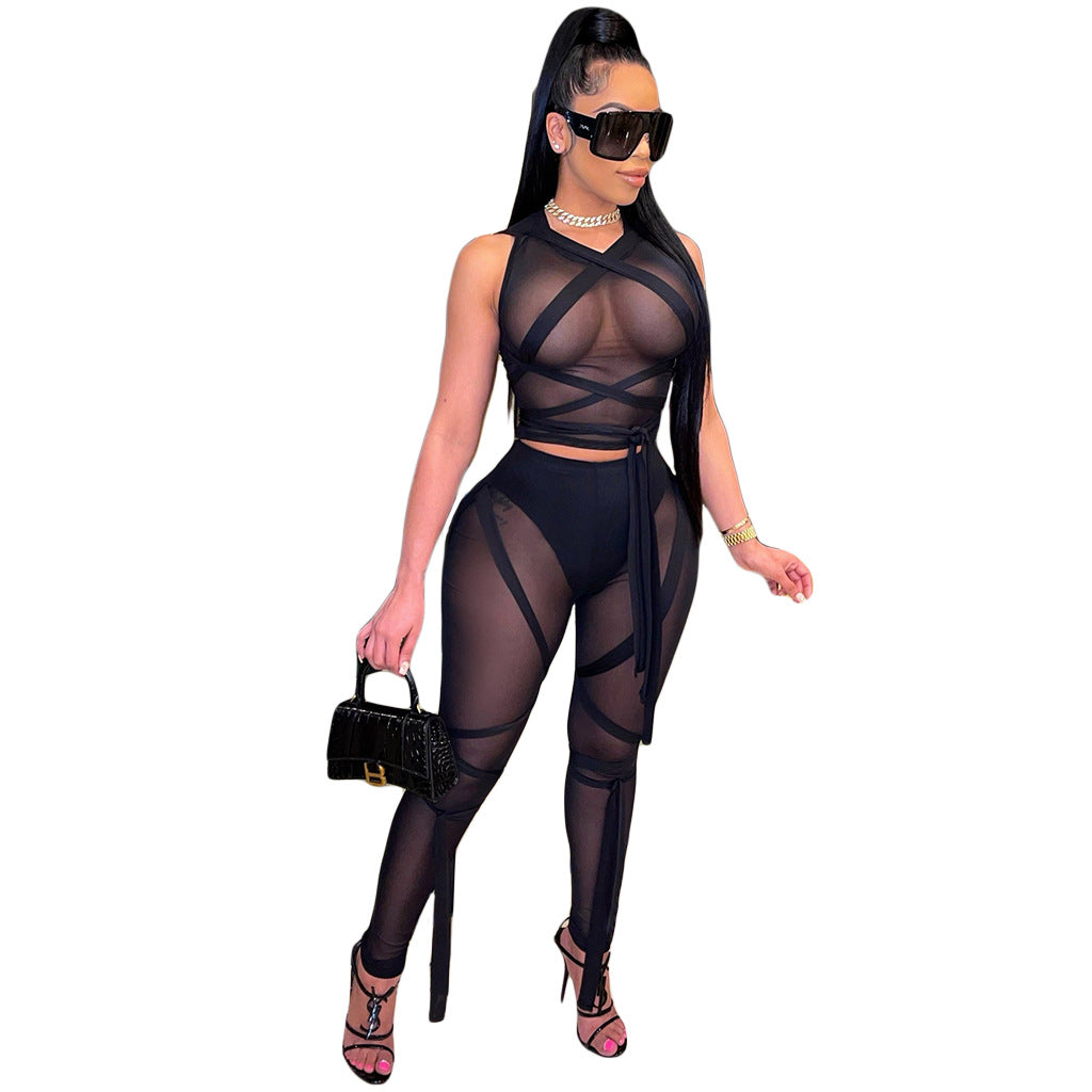 Women's Sexy Mesh See-Through Strap Solid Color Sleeveless Two Piece Set 8