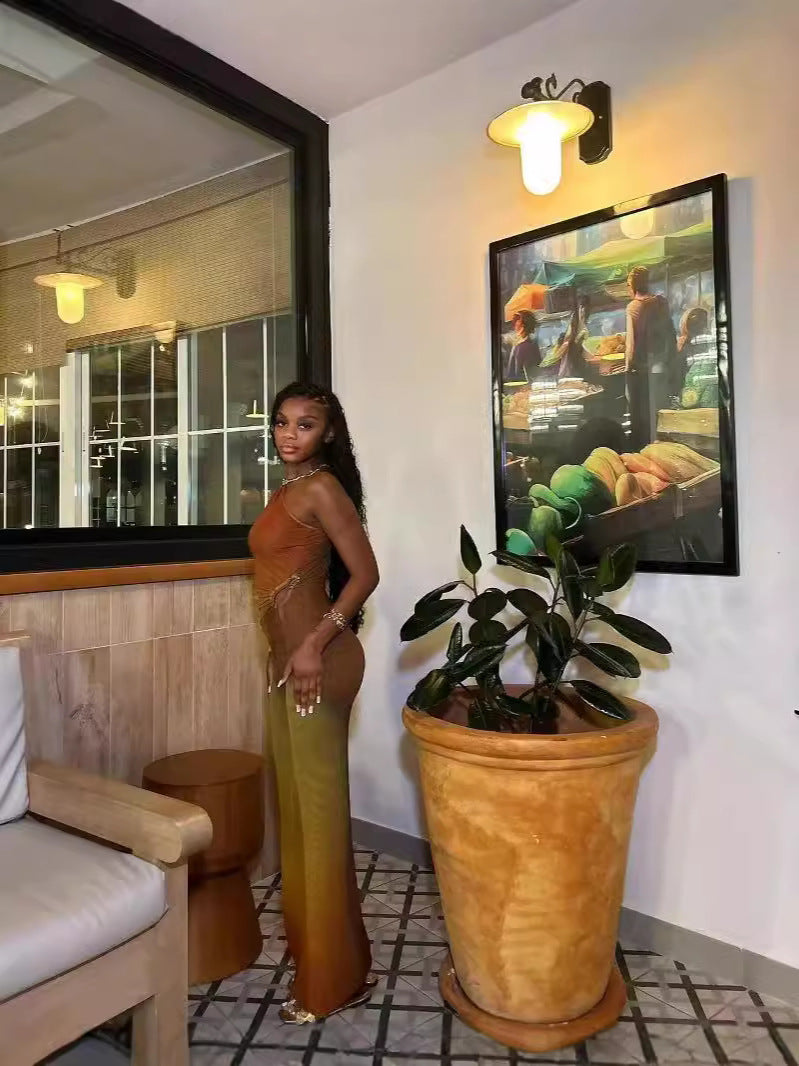 Summer Fashion Sexy Slash Shoulder Single Sleeve Gradient Color Slim Long Dress 5