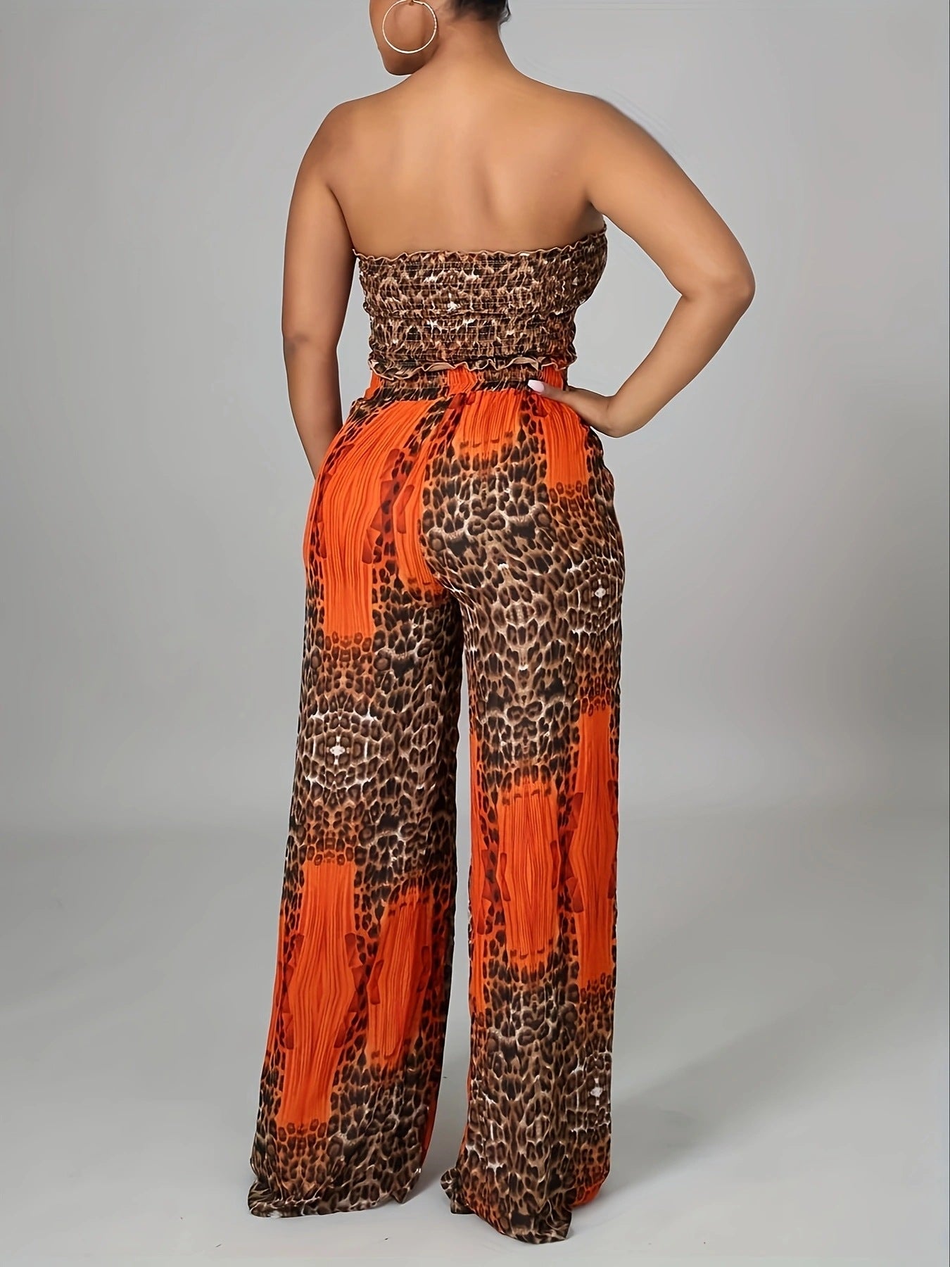 Summer Leopard Print Strapless Lace-Up Wide-Leg Loose Two Piece Pants Set 4