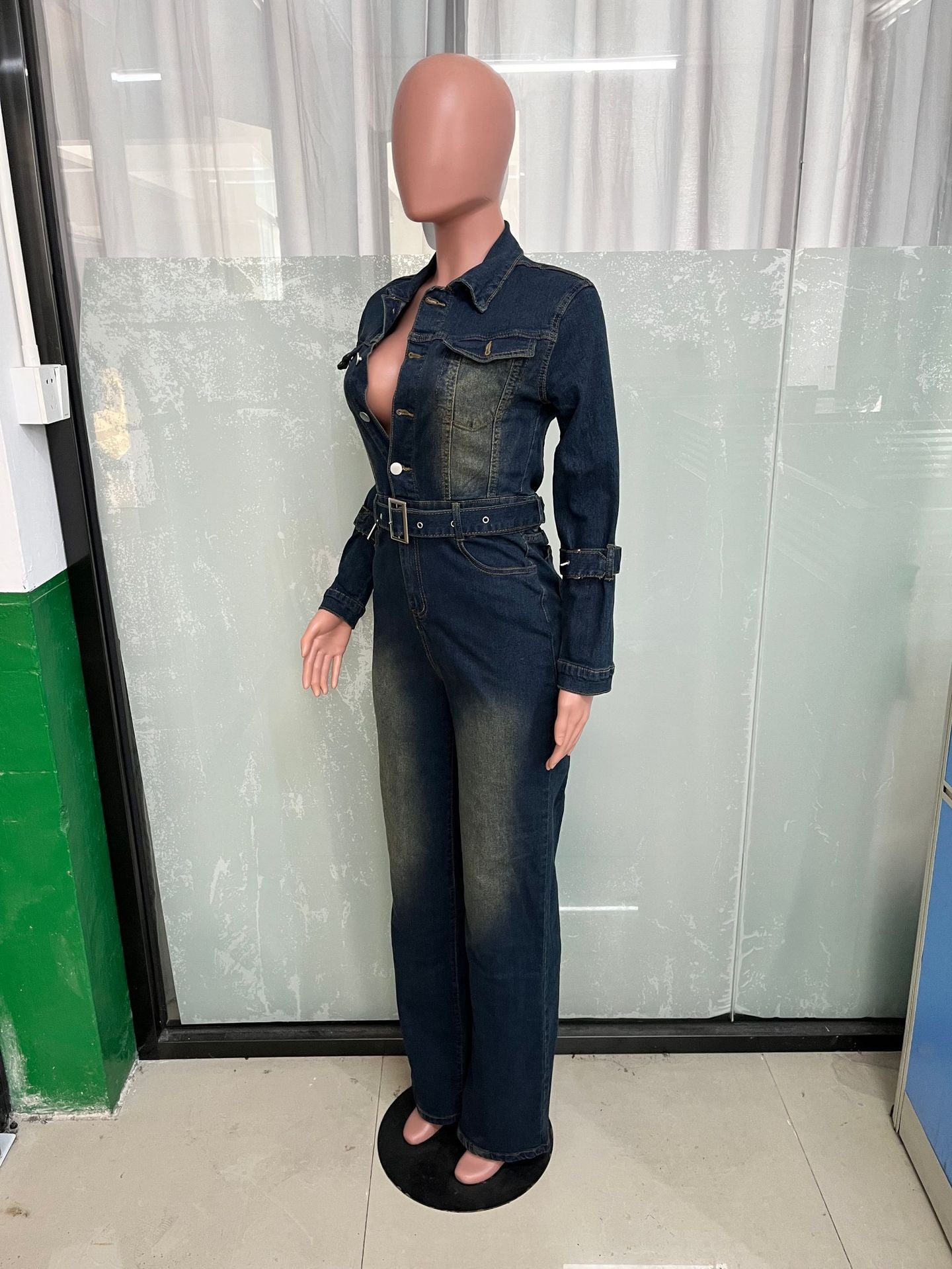 Women long sleeve Denim Stretchy Bell Bottom Jumpsuit 6