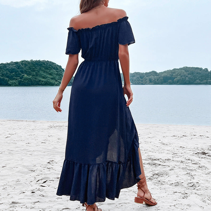 Summer Women Off Shoulder Ruffle Sleeve Irregular Dress 5
