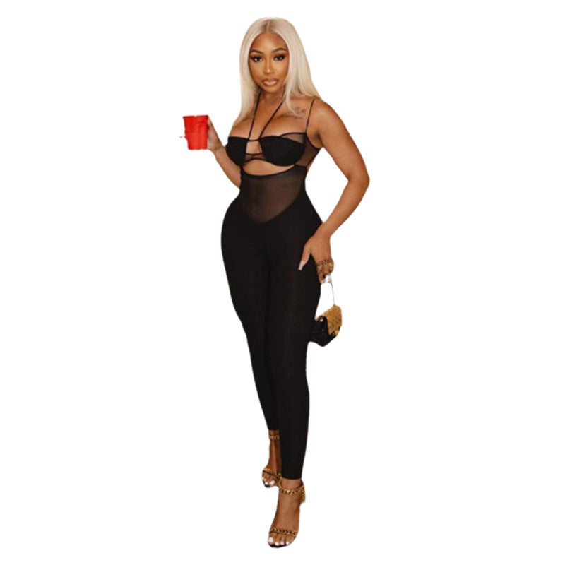 Summer Women's Sexy Hollow See-Through Halter Neck High Waist Tight Fitting Knitting Jumpsuit 6