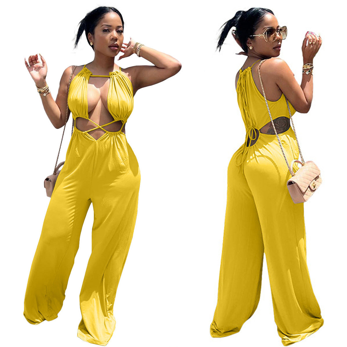 Sexy Irregular Lace-Up Wrap Chest Loose Wide Leg Jumpsuit 6