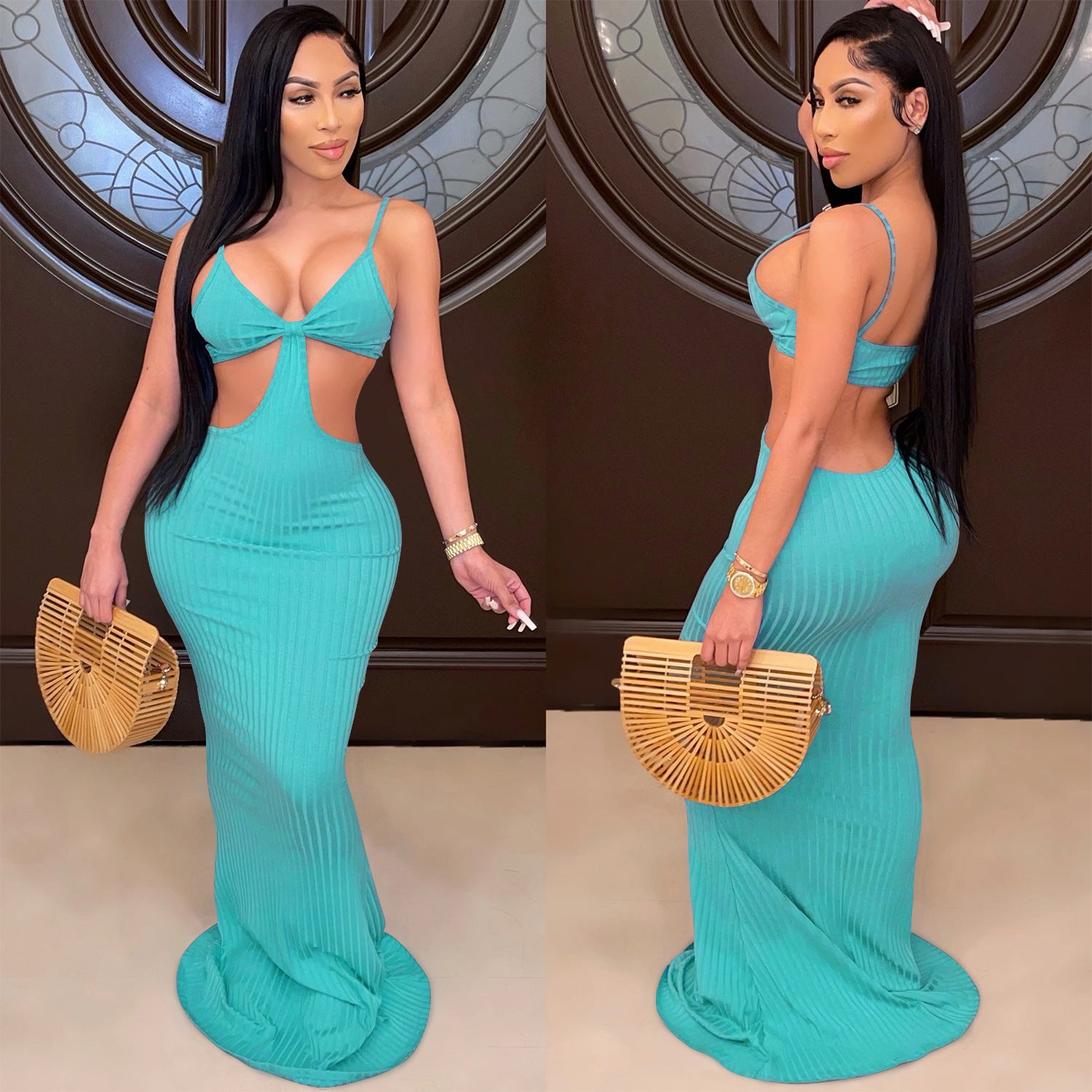 Sexy Knitted Strap Solid Color Dress for Women 19