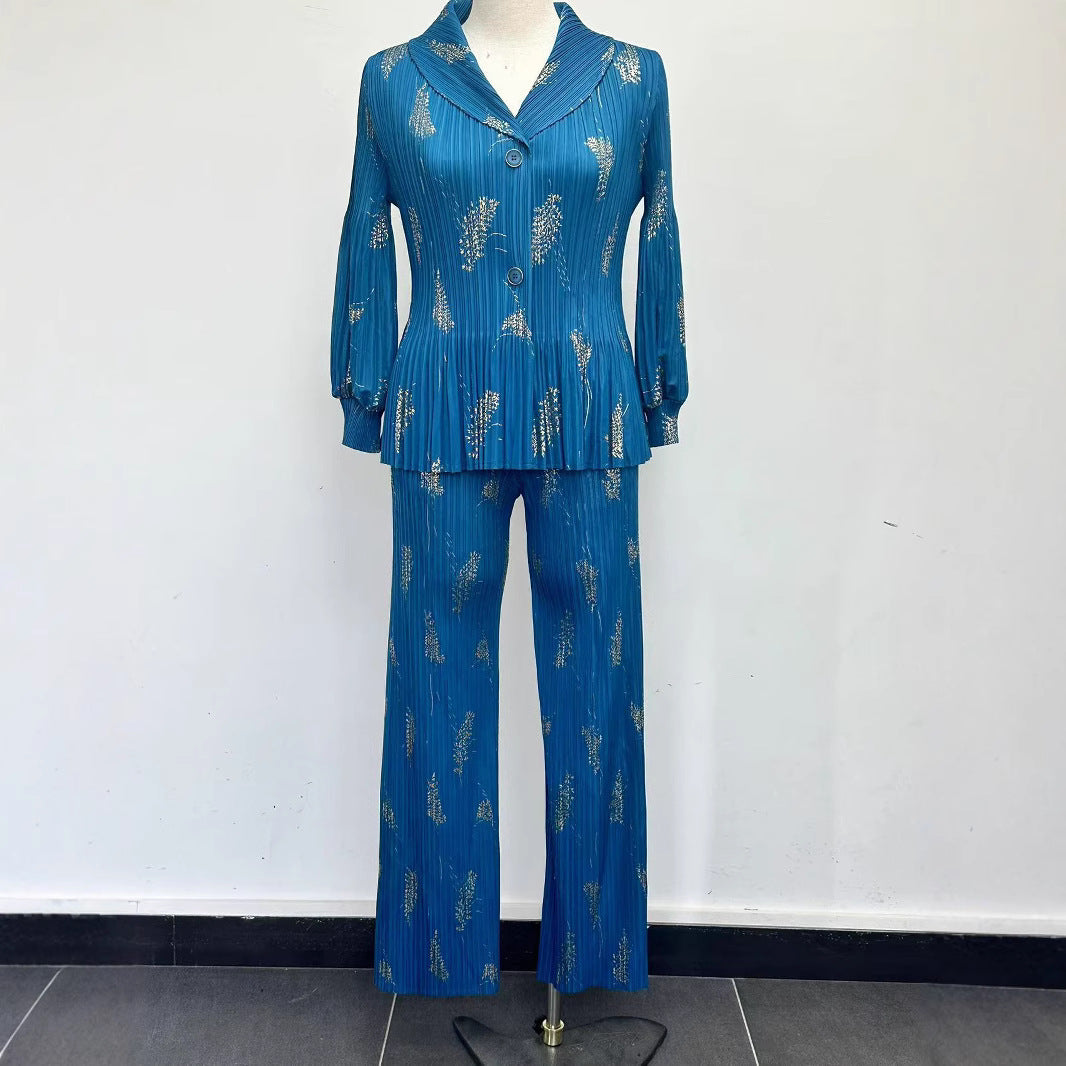 Plus Size Women Casual Pleated Blazer and Pants Two Piece Set 11