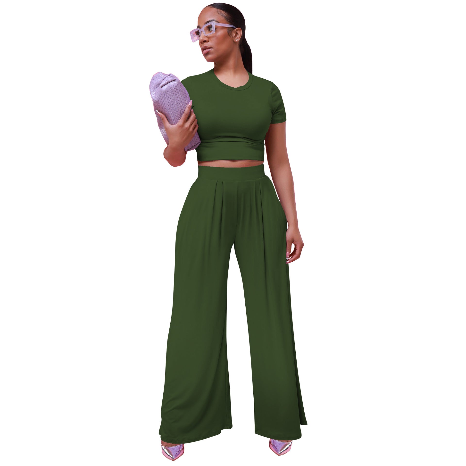 Women's Clothes Summer Fashionable Solid Color Wide Leg Two-Piece Pants Set 12