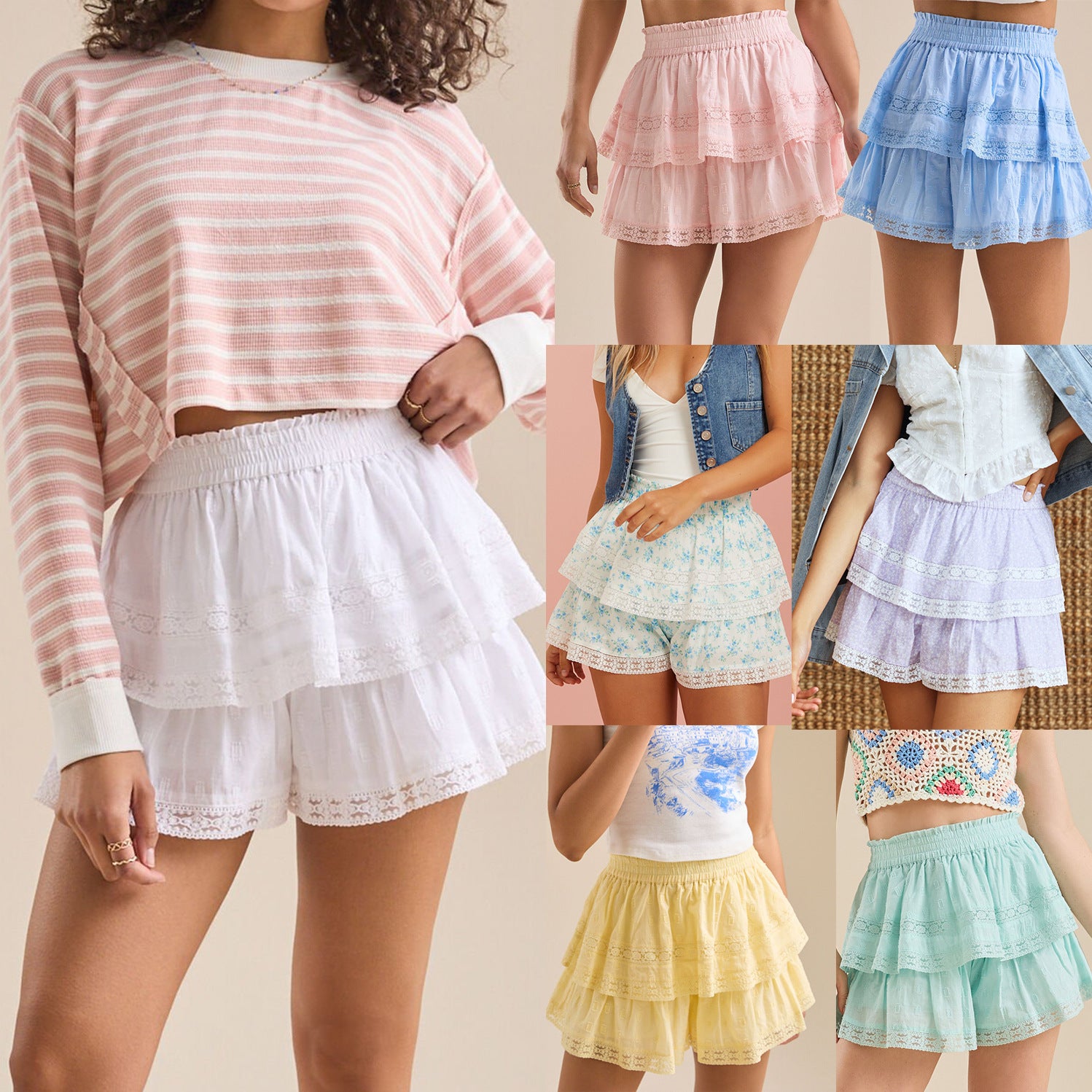 Women Elastic Waist Puffy Layered Lace Cascading Ruffles Skirt Pants 18