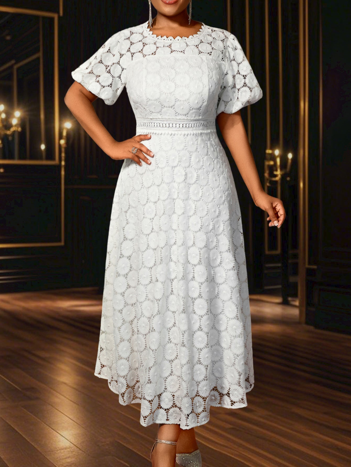 Africa Plus Size Round Neck Lace Puff Sleeve High Waist A-Line Formal Party Evening Gown 8