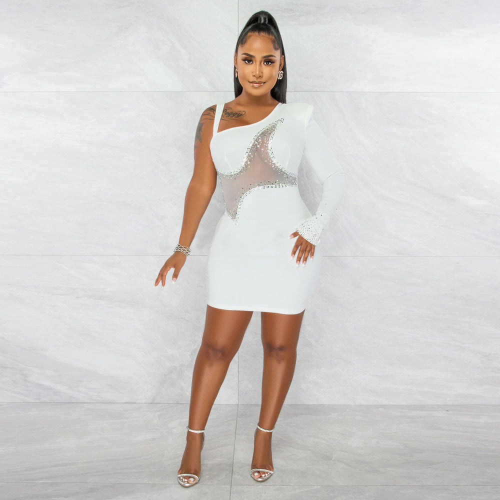 One Shoulder Long Sleeve See-Through Mesh Patchwork Beaded Bodycon Dress 3