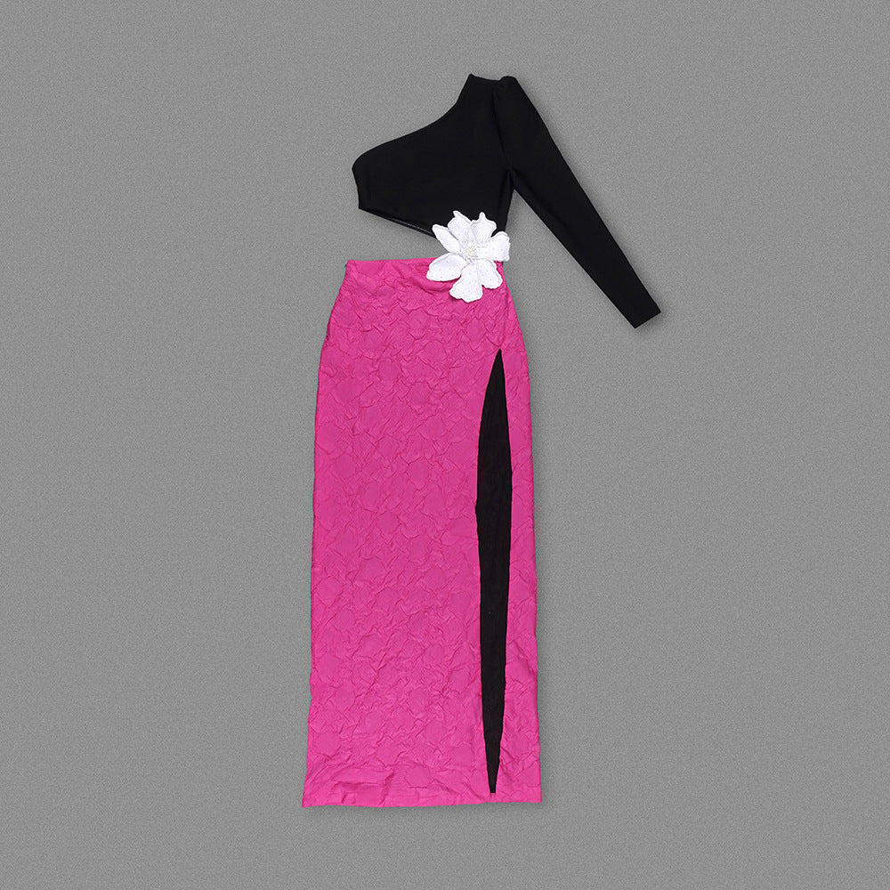 One Shoulder Contrasting Design High Waist Flower Patchwork Slit Women's Long Dress 7