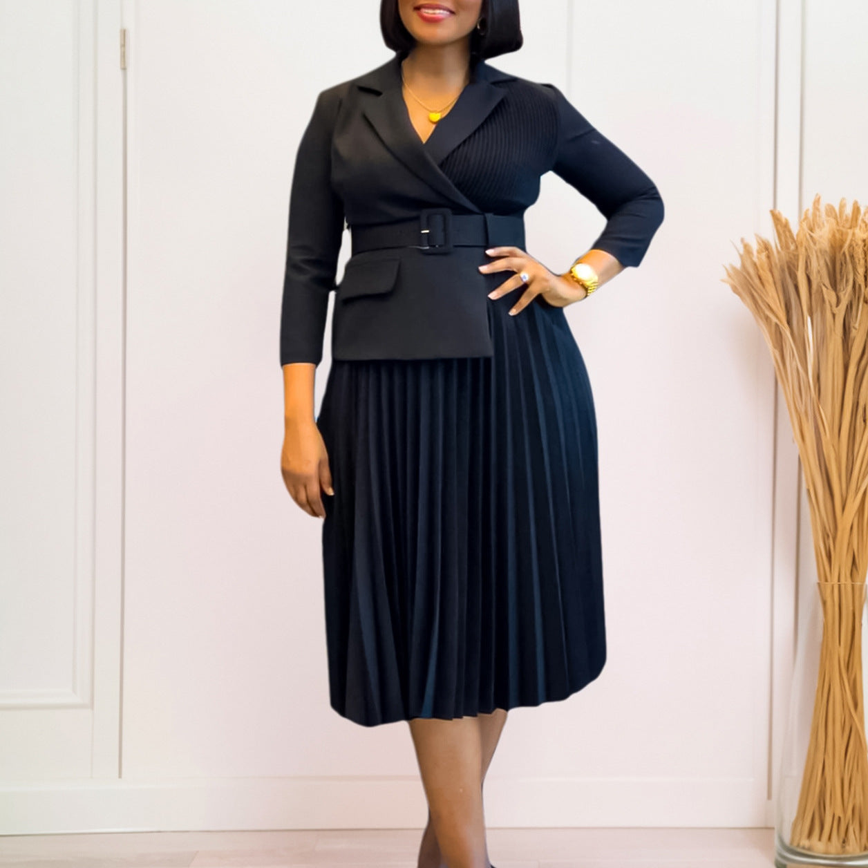 Women Fall/Winter Turndown Collar Pleated African Dress 6