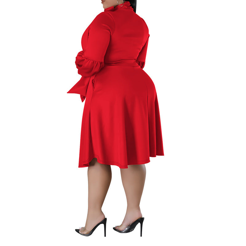 Plus Size Women's tied Neck Puff Long Sleeve A-line Dress 8