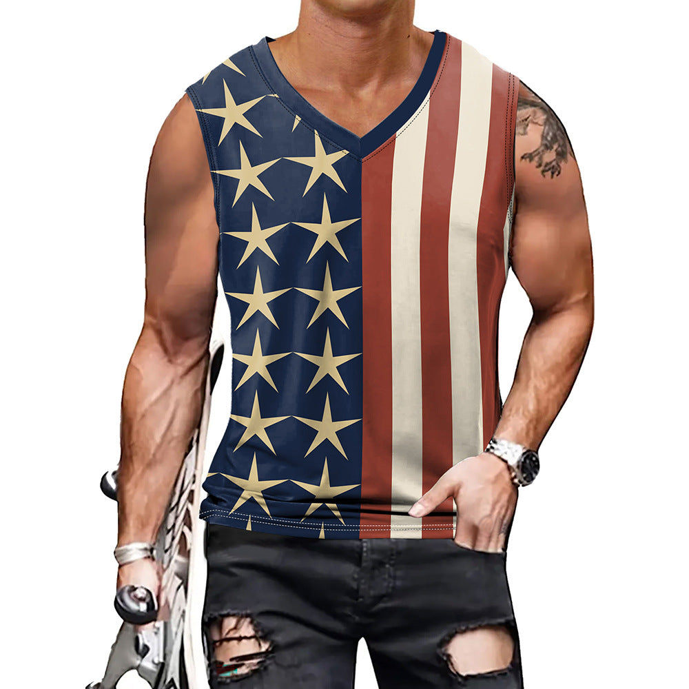 Summer Men's Vest Men's Star Stripe Print V-Neck Sleeveless Top 6