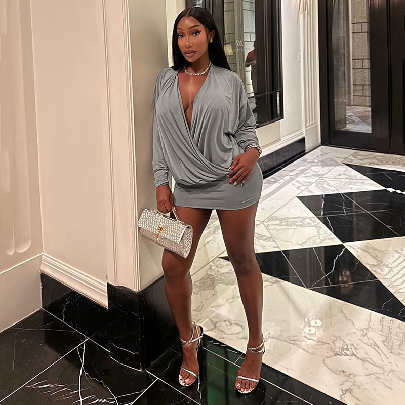 Women sexy V-neck long-sleeved bodycon dress 5