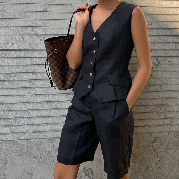 Women Linen summer casual sleeveless vest shorts Two Piece Set 5