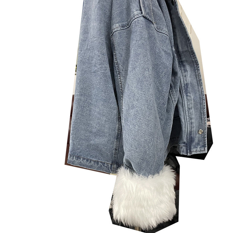 Women Winter Loose Fur Collar Turndown Collar Denim Jacket 6