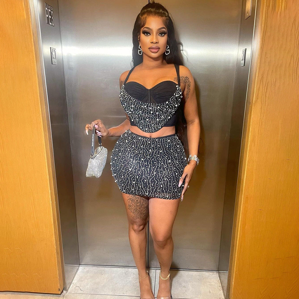 Fashionable Halter Top Bodycon Skirt Beaded Two-Piece Set For Women 3