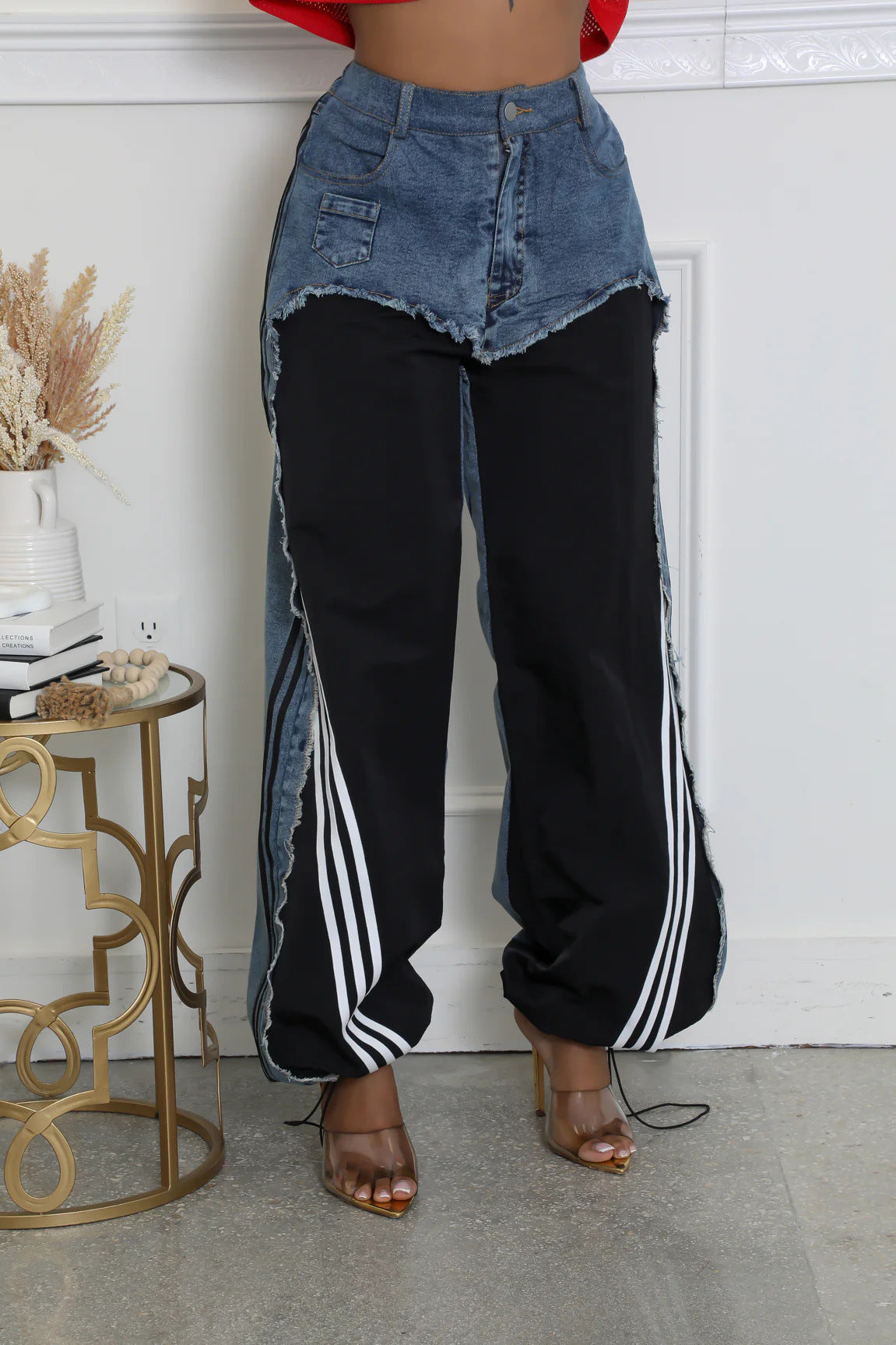 Women’s Streetwear Denim Patchwork Striped Drawstring Pants 3