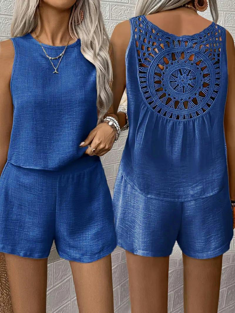 Women Solid Back Hollow Lace Top and Shorts Two-piece Set 3